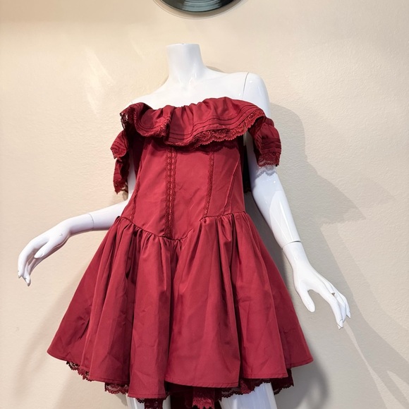 Shein Off-Shoulder Burgundy Dress with Lace Trim - Picture 2 of 10